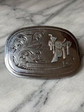 Vintage 70s Silver & Brass Western-Style Saddle Etched Scroll Belt Buckle Ornate